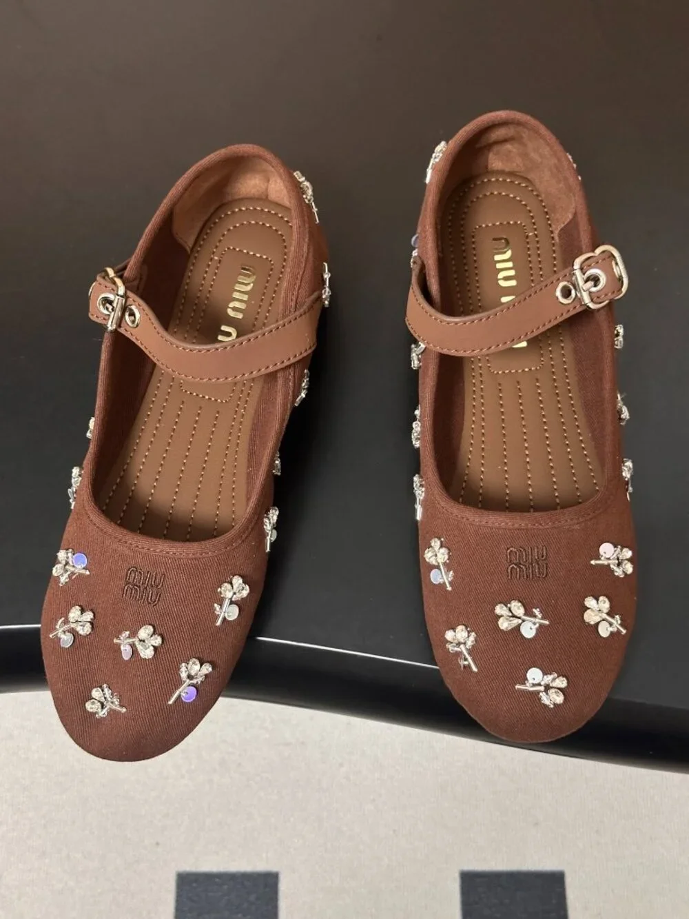 Miu Miu Brown Rhinestone-Embellished Mary Jane Ballet Flats - Picture 2 of 8